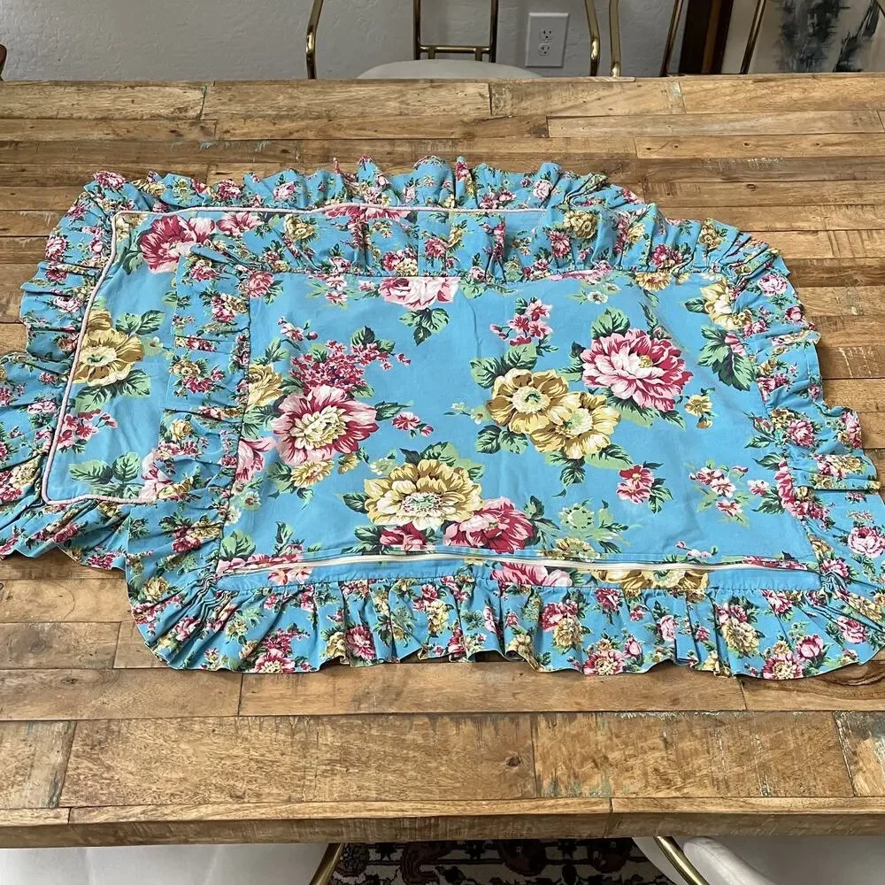 Vintage Blue Floral Duvet Cover 2 Ruffle Pillows 1 Long Pillow Cottage Core